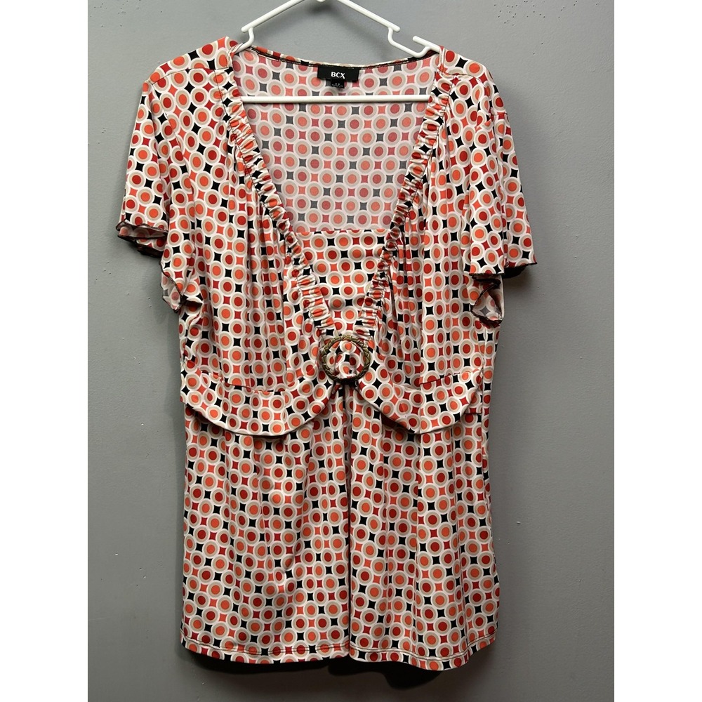BCX Top Womens 2X Orange Geo Circle Print Ruffle V-Neck O-Ring Buckle Blouse